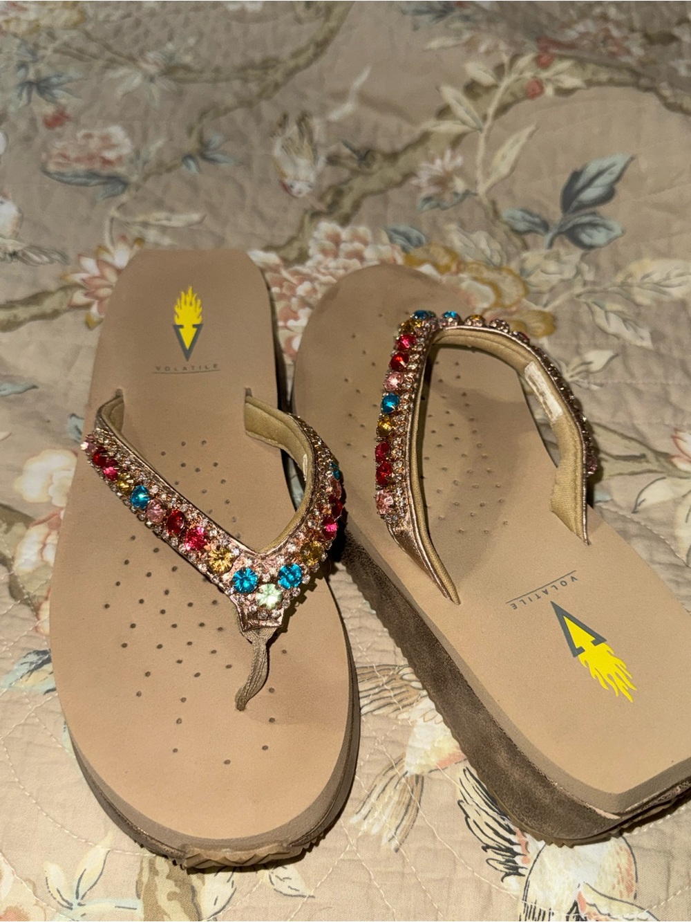 Volatile Beige Sandals with Multicolor Jeweled Straps